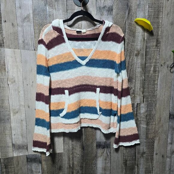 Roxy Hang With Me Multicolor Stripe Knit Hoodie Sweater - Picture 2 of 6